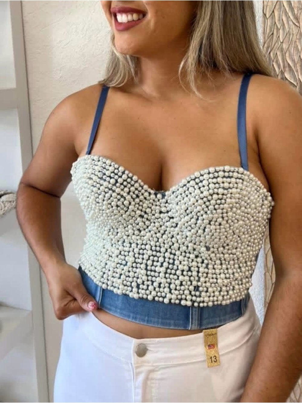 Pearl-Embellished Blue Crop Bustier Top